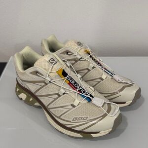 Salomon XT-6 Trail Sneakers in Beige with olive green,Blue and Yellow Accents